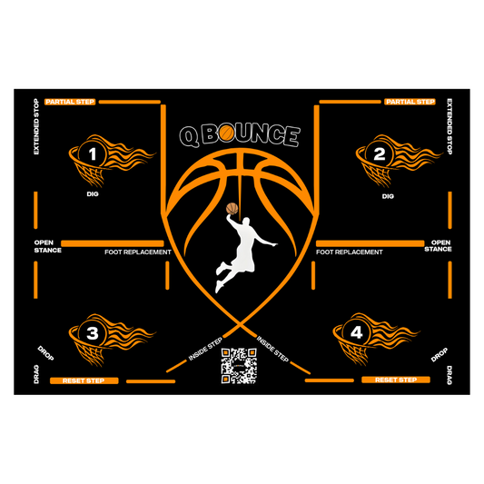 QBounce Basketball Training Mat with dribbling and footwork drills, durable non-slip surface for all skill levels.