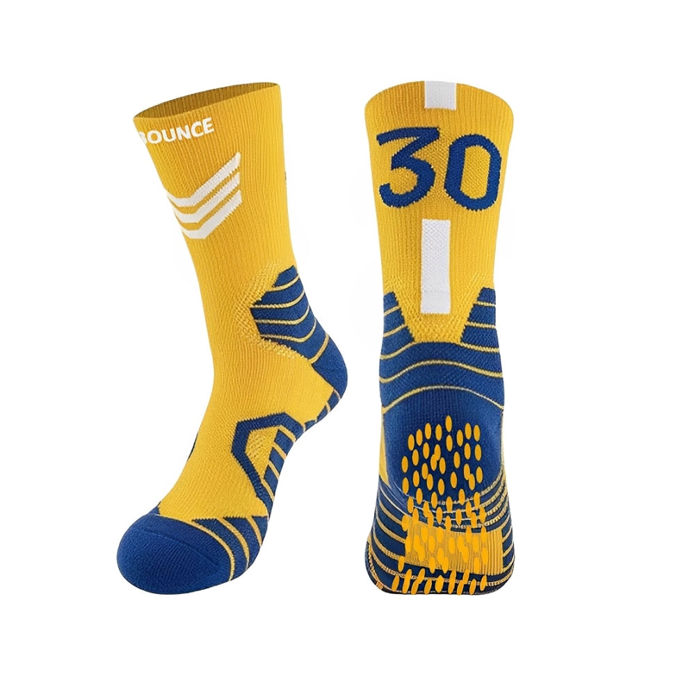 QBounce Grip Socks in yellow and blue with grip soles and "30" number for enhanced agility and performance.