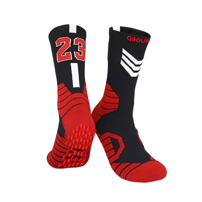 QBounce Grip Socks in black and red with anti-slip soles and number 23 for enhanced agility and performance.