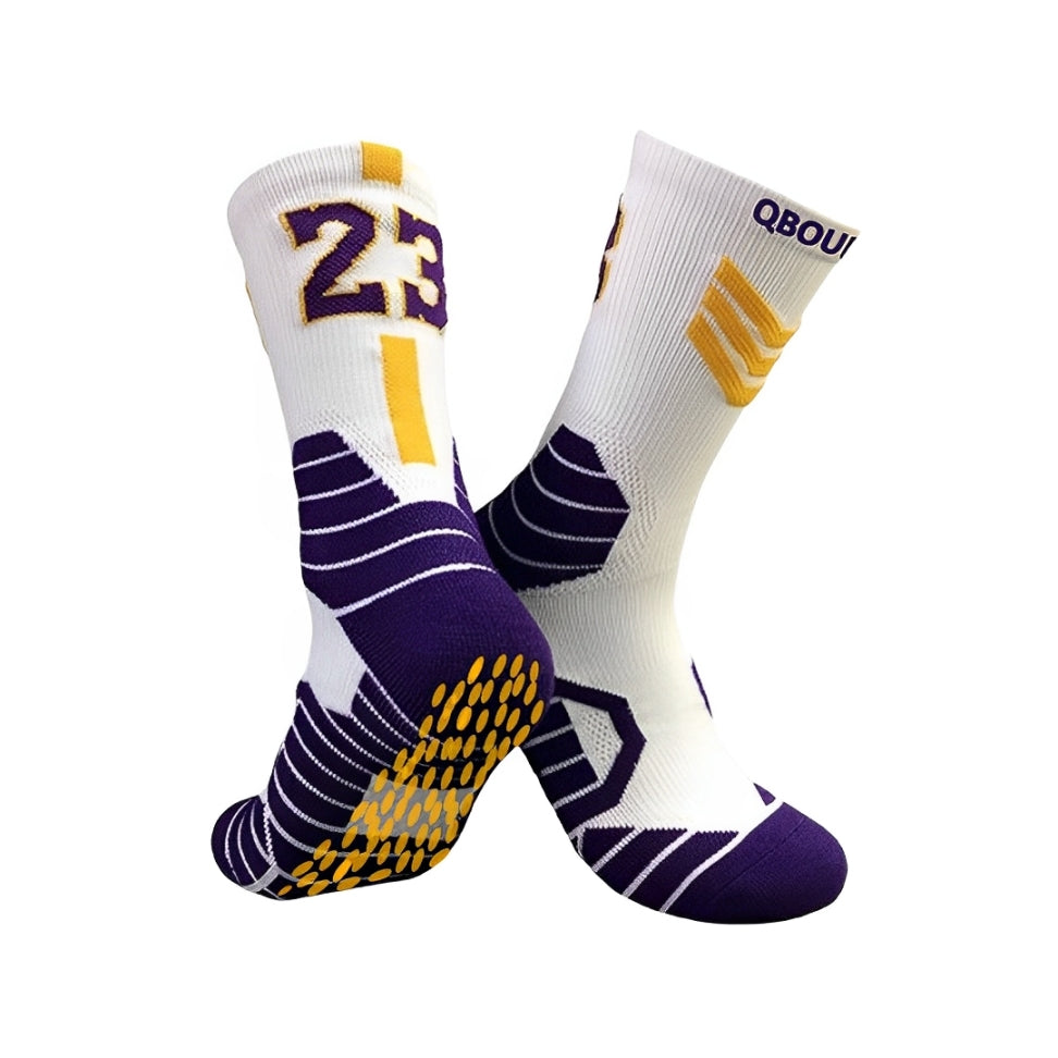 QBounce Grip Socks white purple yellow with non-slip sole for enhanced agility and performance in sports and workouts.
