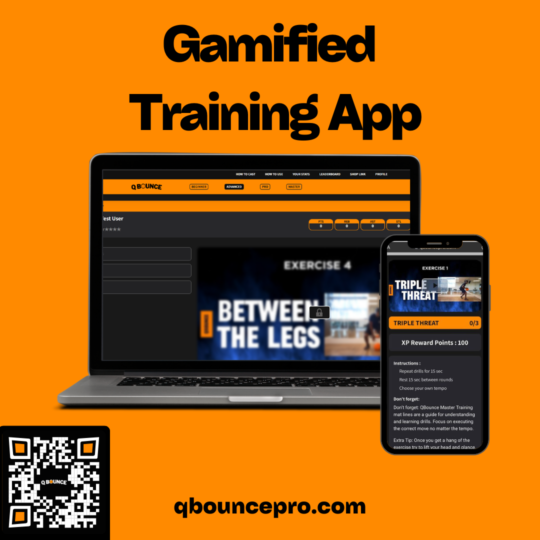 QBounce Pro VIP Trial gamified training app shown on laptop and mobile with bright orange background.