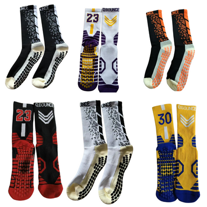 Six pairs of colorful QBounce Grip Socks with anti-slip soles designed for enhanced agility and performance.