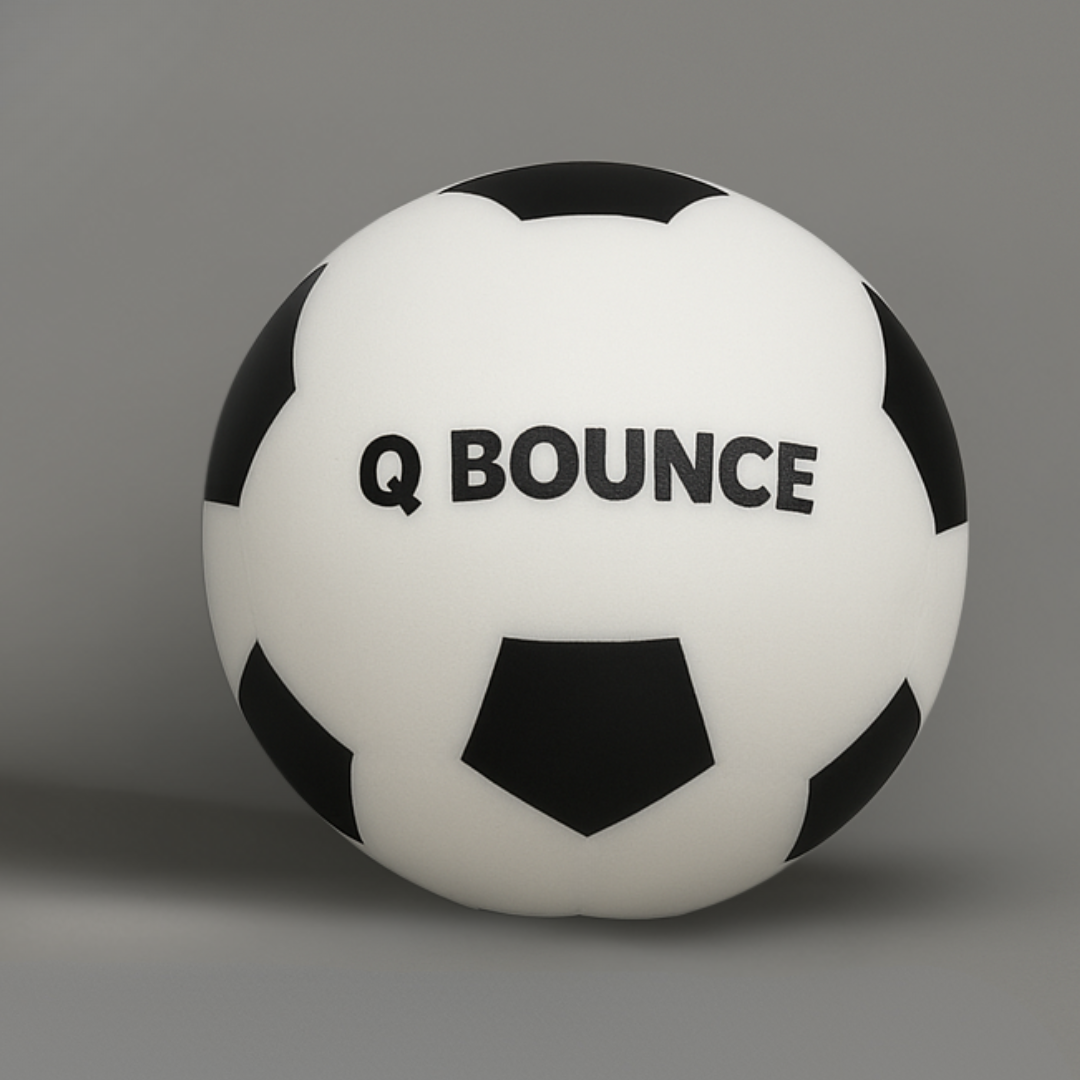 QBounce Silent Football 2.0 with black and white design for quiet indoor football practice and training.